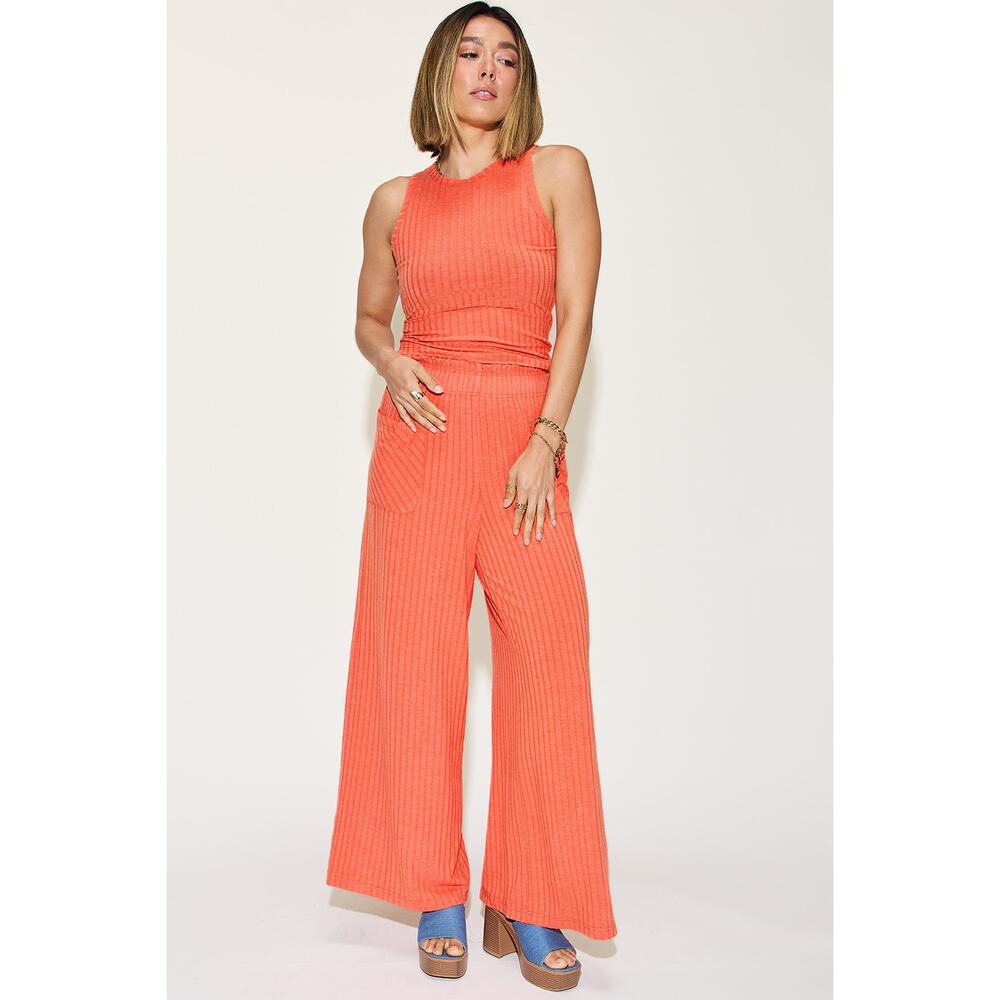 BASIC BAE Orange Two Piece Ribbed Wide Leg and Tank Outift Set NEW MIsses vbg
